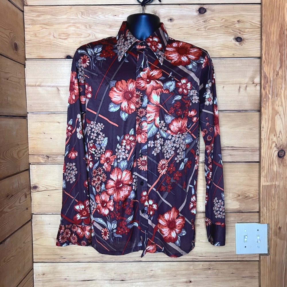 Vintage Floral Dagger Collar Disco Shirt Mens Large Brown Orange Retro MCM Sears